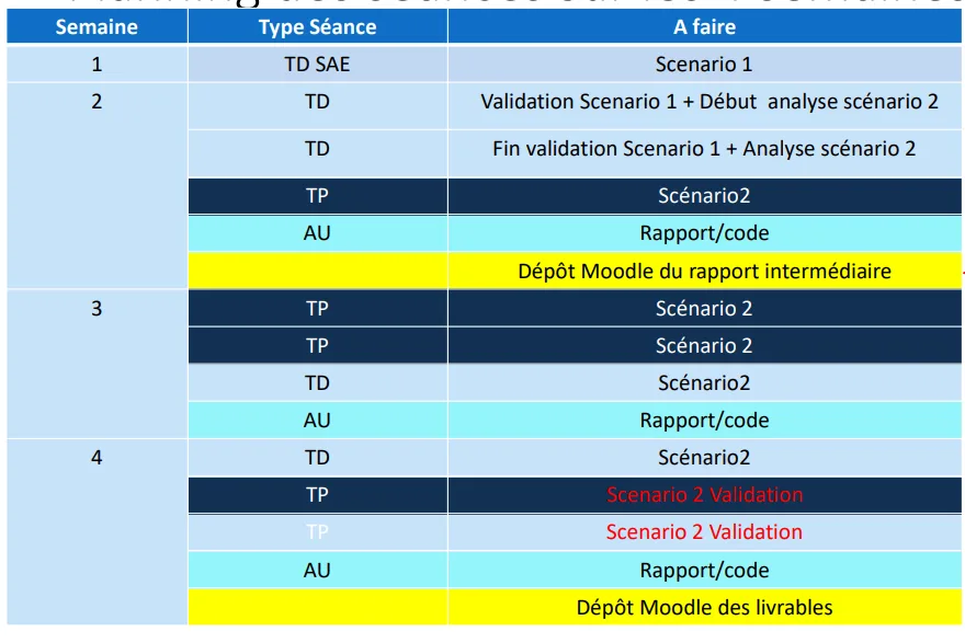 Tableau du planning des séances sur quatre semaines